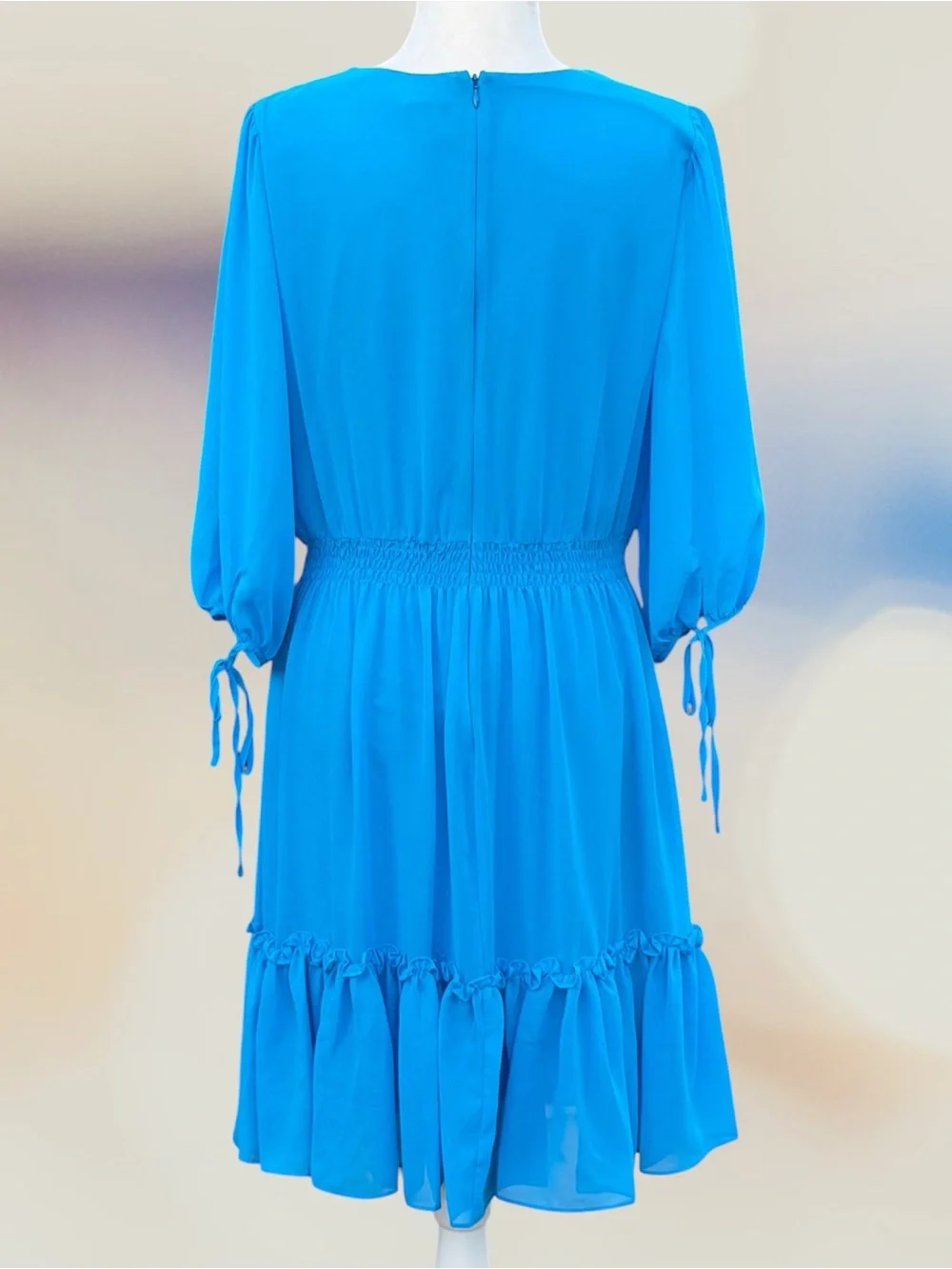 Taylor Turquoise Chiffon 3/4 Ballon Sleeve Ruffle Hem Midi Swing Dress, L